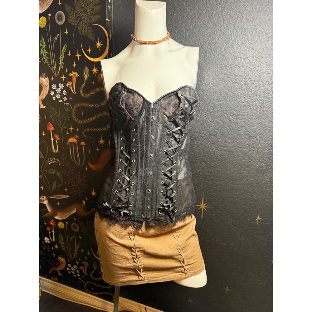 Adore Me Black Lace Corset Top XL Strapless Ribbon Tie Steampunk Goth Lingerie